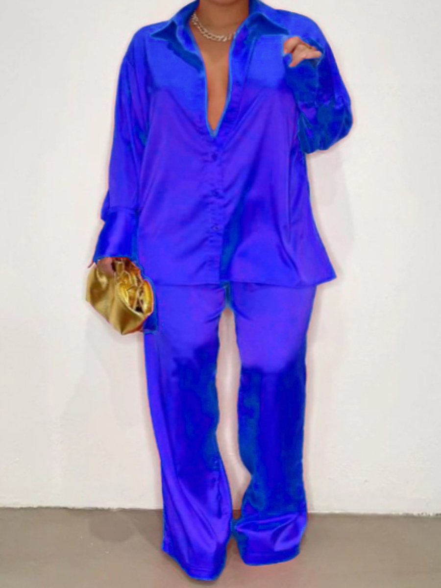 Women's Plus Size Tracksuits LW Women Elegant Satin Tracksuit Two Piece Wide Leg Pants Long Sleeve Shirt Loose Trousers Lady Matching Outfits 230