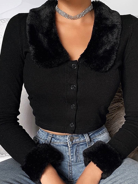 Women's TShirt WannaThis Black Long Sleeve Fluffy Turndown Collar Button Autumn Shirt Warm Cropped Top Slim Elastic Casual Tops 230130