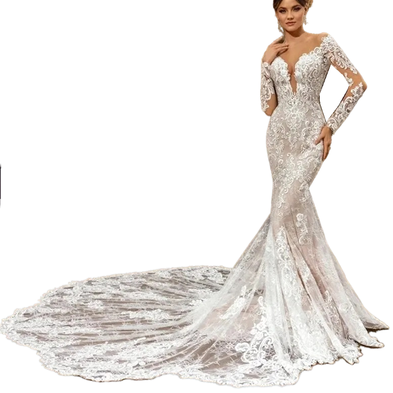 Luxury Boho Lace Mermaid Wedding Dresses Long Sleeves Applique Beach Chaple Train Bride Gowns Sexy Illusion Bridal Dress Vestido De Novia