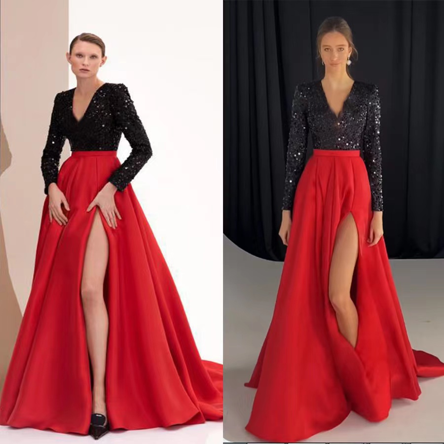 2023 Evening Dresses Wear black sequined stain Long Sleeves Illusion Crystal Beading High Side Split Floor Length Party Dress Prom Gowns Open Back Robes De