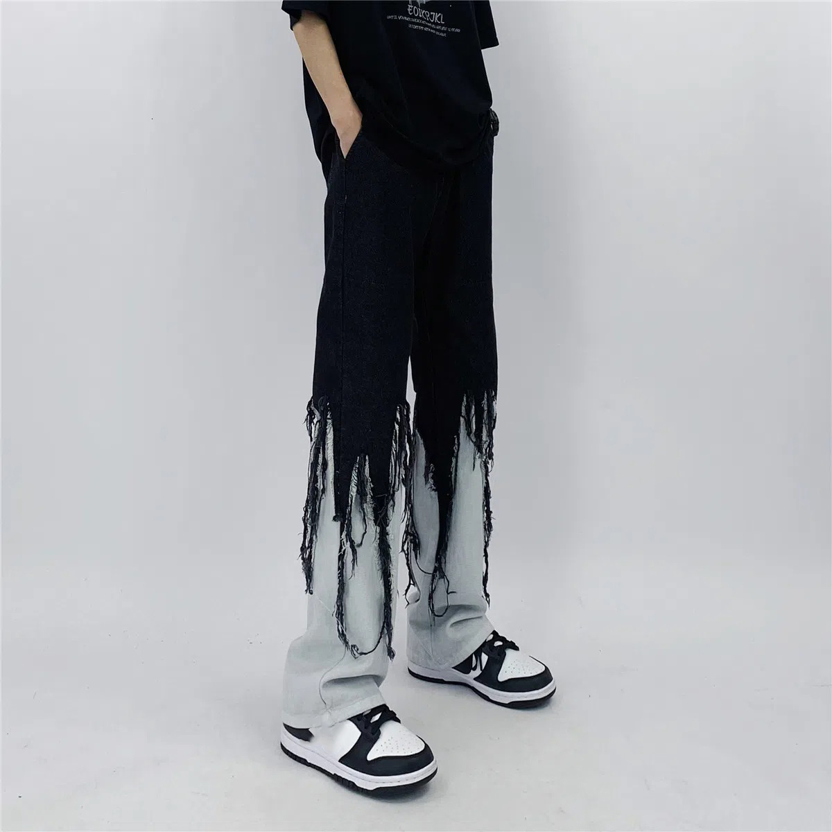 Men's Pants Men Jeans High Street Hip Hop Contrast Color Tassel Loose Fashion Japanese Streetwear Hippie Casual Darkwear Patchwork 230131