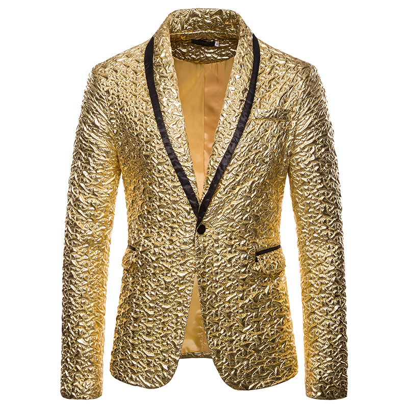 Men's Suits Blazers Mens Black Jacquard Bronzing Suit Jacket Blazer Shawl Collar One Button Blazers Men Party Wedding Stage Singer Costume Homme 