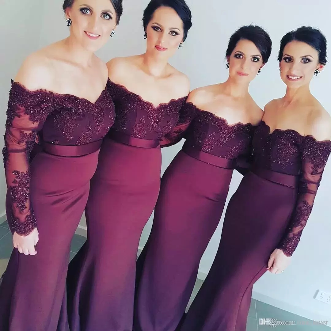 Maroon Beads Mermaid Bridesmaid Dresses Off Shoulder Long Sleeve Lace Applique 2023 Custom Made Bridesmaids Wedding Dress
