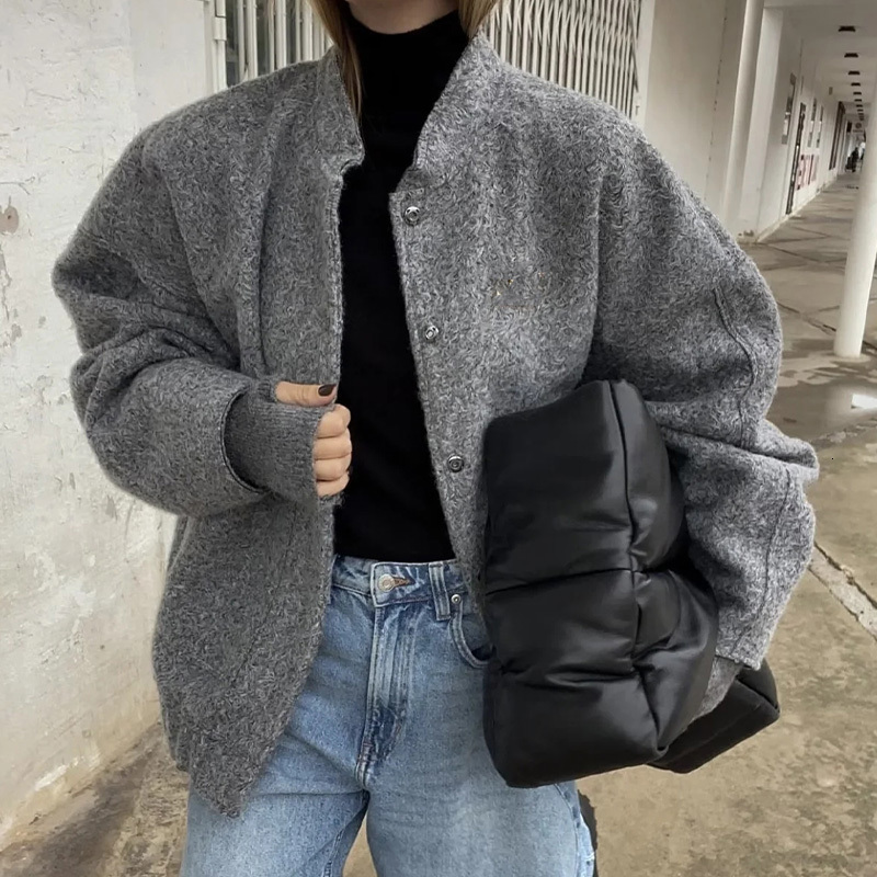Womens Jackets Coat Bombers Grey Outwear With Button Solid Long Sleeve Top Casual Loose Winter Warm Woman traf ins 230130