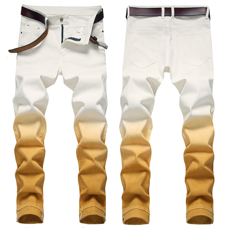 Men's Jeans Fashion Gradient Color Small Straight Stretch Male High Street Slim Long Quality Casual Denim Pants White 230131