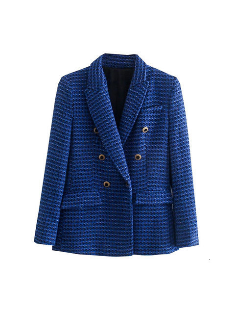 Women's Suits Blazers KPYTOMOA Women Fashion Tweed Double Breasted Blazer Coat Vintage Long Sleeve Flap Pockets Female Outerwear Chic Veste Femme