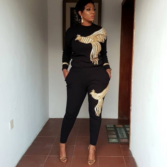 Women's Two Piece Pants 2 Women Set Winter Spring Arrival Casual Black Sequined ONeck Beading Long Sleeve Top And Sets 230131