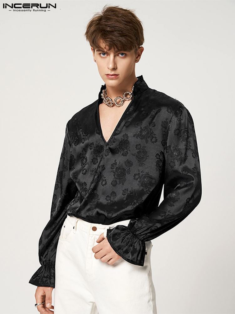 Men's Casual Shirts Fashion Men Shirt V Neck Long Sleeve Jacquard Ruffle Loose Camisa Masculina Streetwear Elegant S5XL INCERUN 230130
