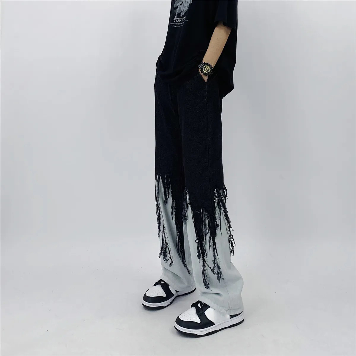 Men's Pants Men Jeans High Street Hip Hop Contrast Color Tassel Loose Fashion Japanese Streetwear Hippie Casual Darkwear Patchwork 230131