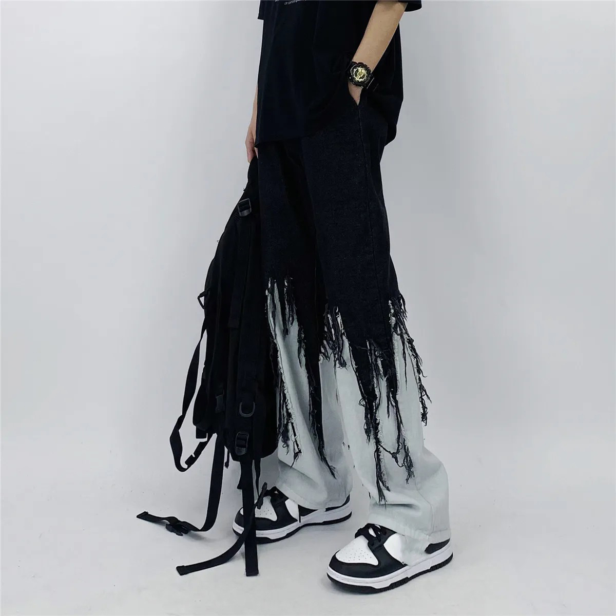 Men's Pants Men Jeans High Street Hip Hop Contrast Color Tassel Loose Fashion Japanese Streetwear Hippie Casual Darkwear Patchwork 230131