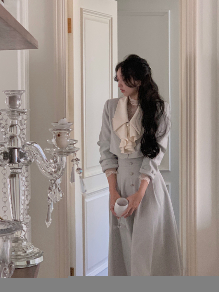 Two Piece Dress Korean Suit Autumn Elegant 2 Piece Dress Set Office Lady Long Sleeve Crop Tops Casual Black Midi Skirt Woman Slim Retro 230130