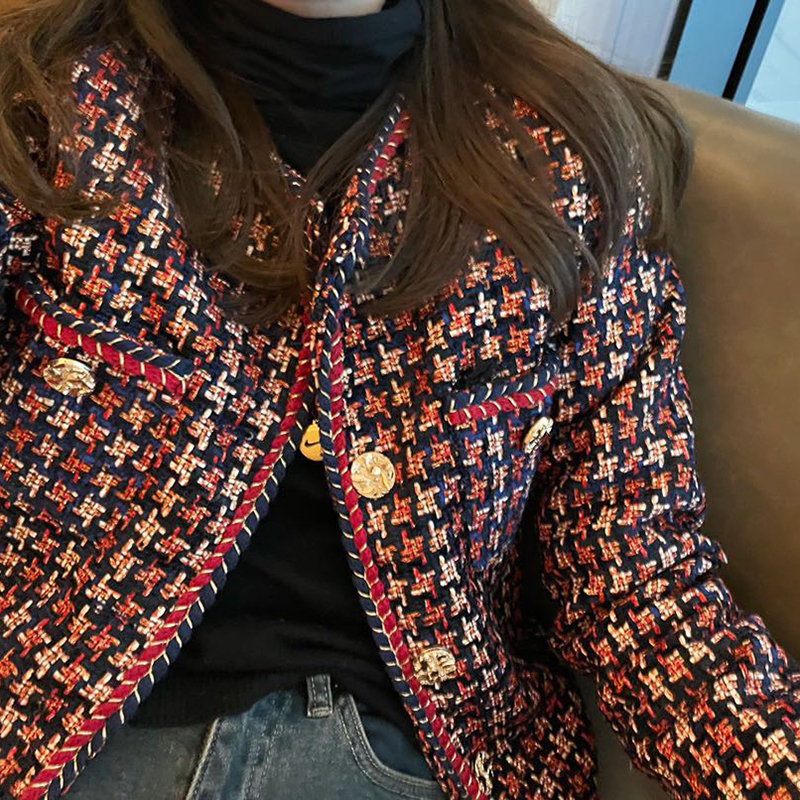 Women's Suits Blazers Elegant Weave Plaid Women Blazer Pocket Plus Velvet Winter Causal Tweed Coat Office Ladies Suit Jacket 230130
