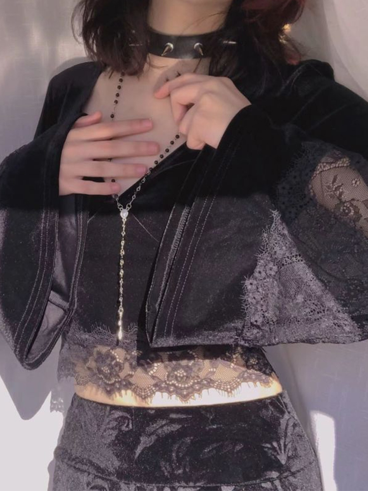 Women's TShirt AltGoth Dark Goth Long Sleeve Tshirt Women Sexy Lace Patchwork Flare Vneck Short Tee Tops Streetwear Black Bottom 230130