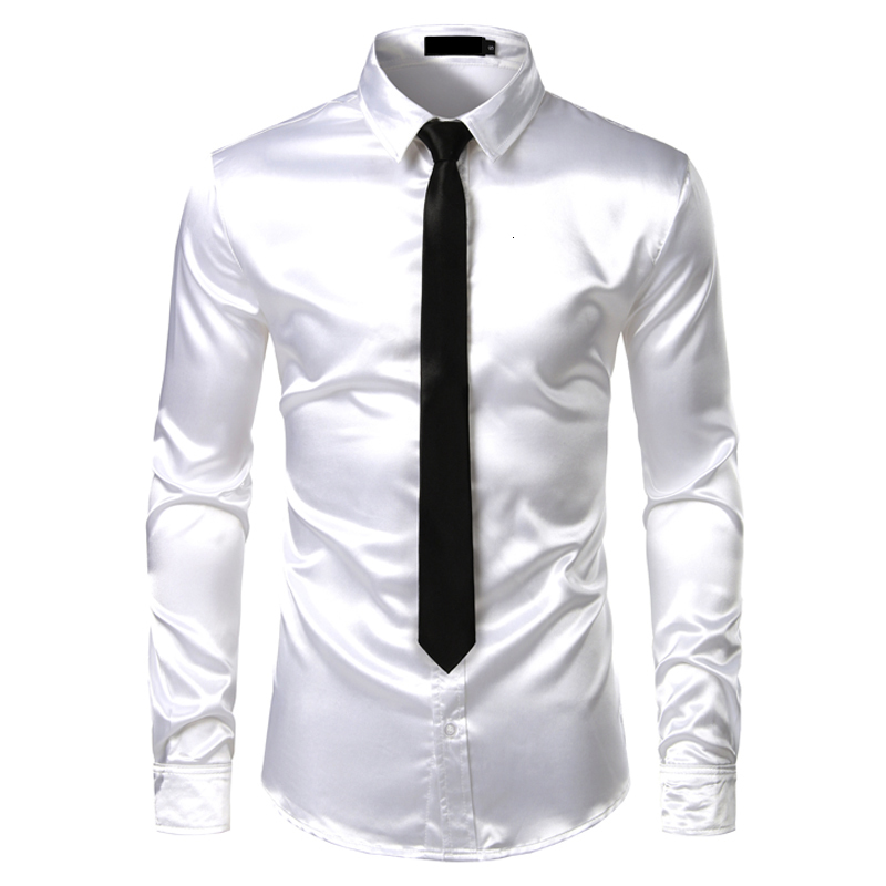 Men's Casual Shirts 2pcs Silver Silk ShirtTie Mens Satin Smooth Tuxedo Button Down Men Dress Wedding Party Prom Chemise Homme 230130