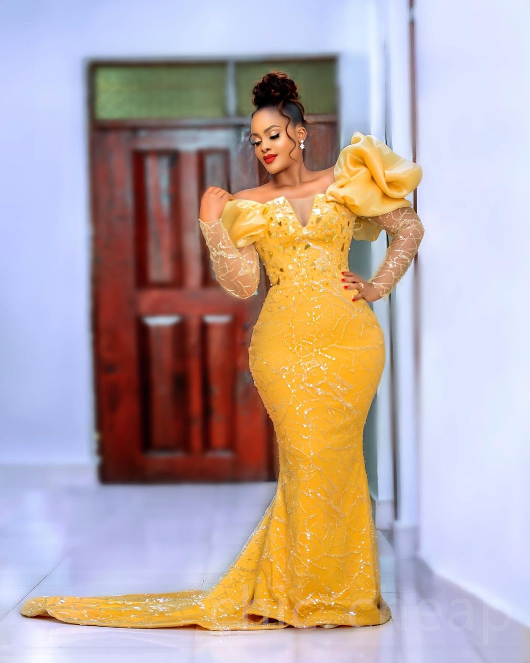 2023 Arabic Aso Ebi Yellow Mermaid Prom Dresses Crystals Beaded Sexy Evening Formal Party Second Reception Birthday Engagement Gowns Dress ZJ783