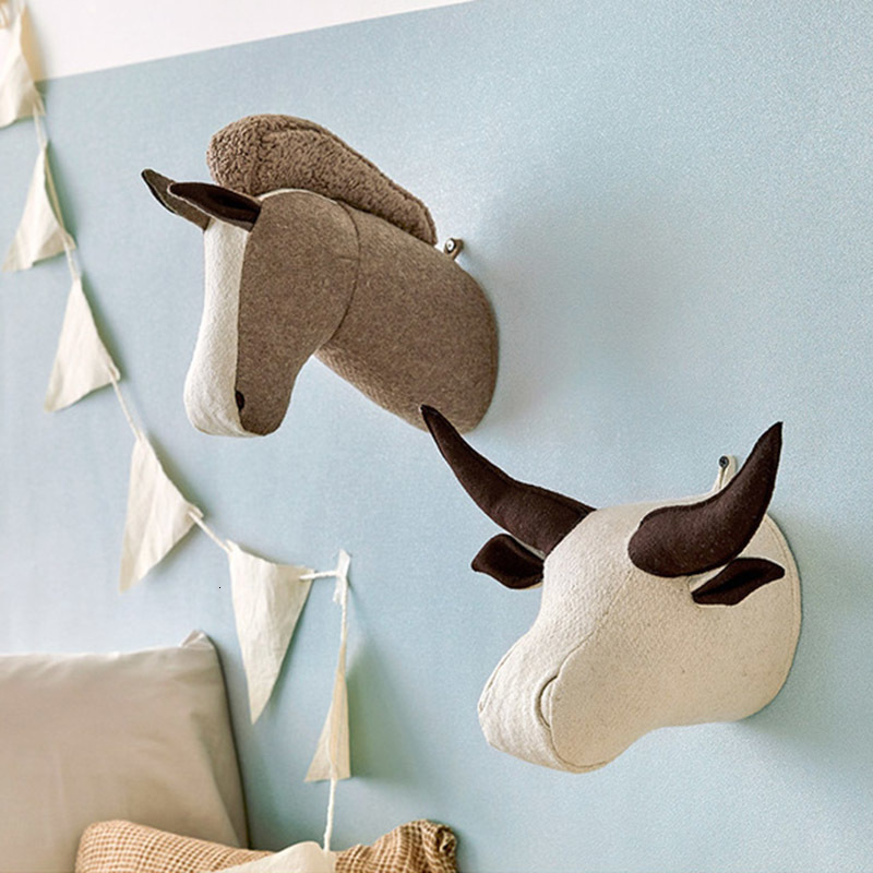 Wall Decor 3D Animal Wall Hanging Decorative Felt Heads Mount Decoration Stuffed Elephant Horse Toys Boys for Kids Room Home Decor 230131