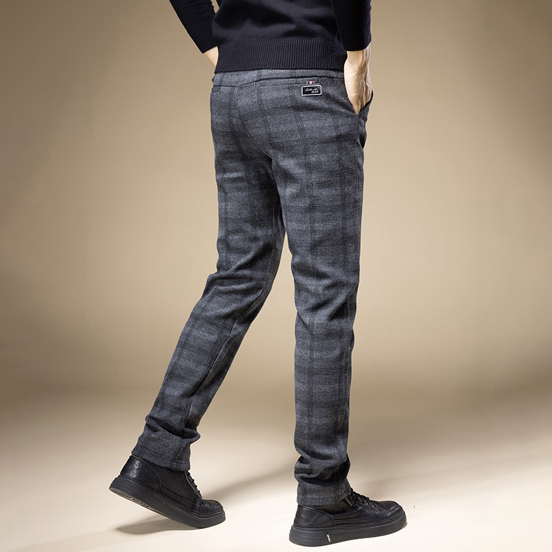 Men's Pants in Autumn Winter Classic Plaid Work Stretch Pants Men Business Straight Fit Grey Black Blue Korea Thick Casual Trousers Male 230131
