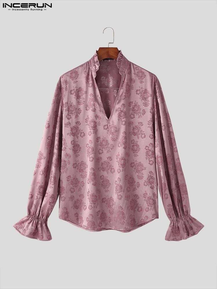 Men's Casual Shirts Fashion Men Shirt V Neck Long Sleeve Jacquard Ruffle Loose Camisa Masculina Streetwear Elegant S5XL INCERUN 230130
