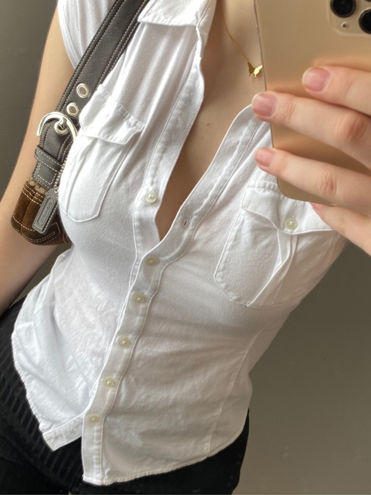 Women's TShirt Rapcopter Button Pockets Crop Top y2k Turn Down Collar Harajuku Tee Casual Basic Retro T Shirt Cardigan Korean 230130
