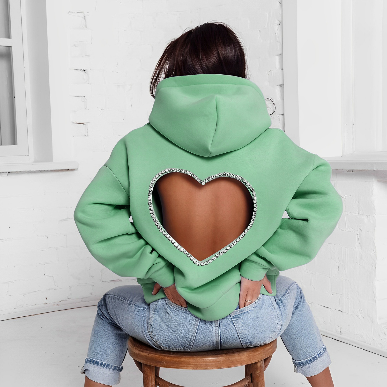 Women's Jackets Hoodies Women Fashion Diamonds Splicing Sweet Love Cutout Open Back Long Sleeve Thick Warm Oversized Pullover Hooded Sweatshirt 2