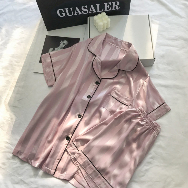 Women's Sleepwear Womens Silk Satin Pajamas Set Short Sleeve Twopiece Pj Sets Loungewear ButtonDown 230131