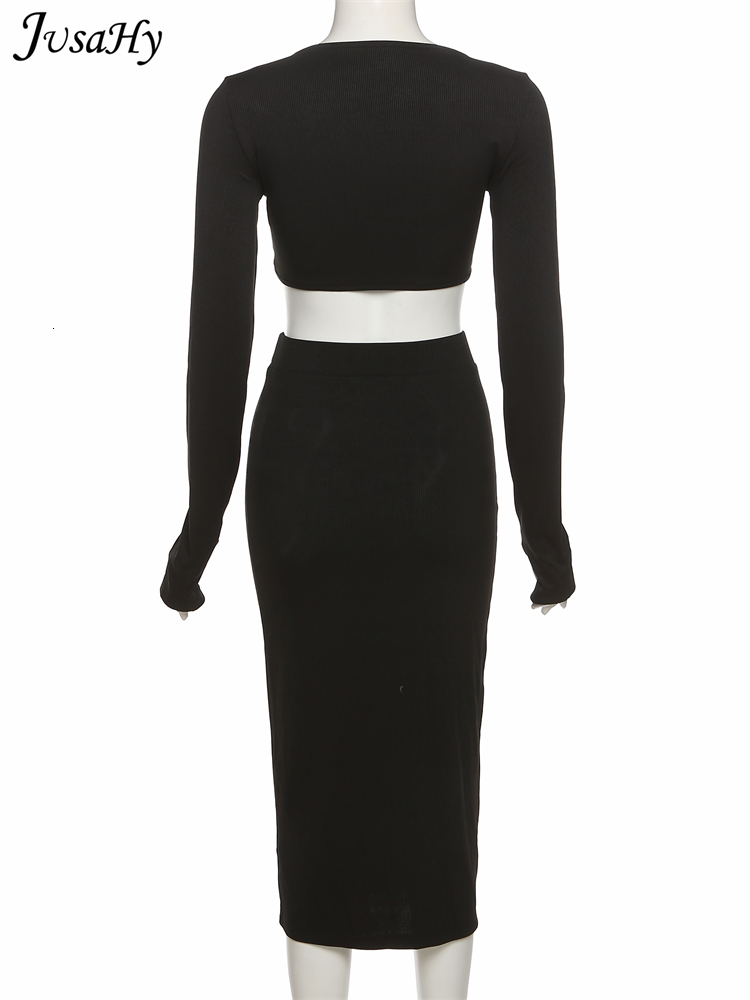 Two Piece Dress JuSaHy Elegant Solid Black Women's Two Pieces Sets Long Sleeves Crop Top High Waist Side Slit Skirts Matching Streetwear 230130
