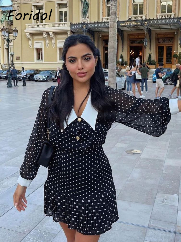 Casual Dresses Foridol Peter Pan Collar Polka Dot Vintage Chiffon Autumn Summer Black Women Vestido Spring Retro Office 230130