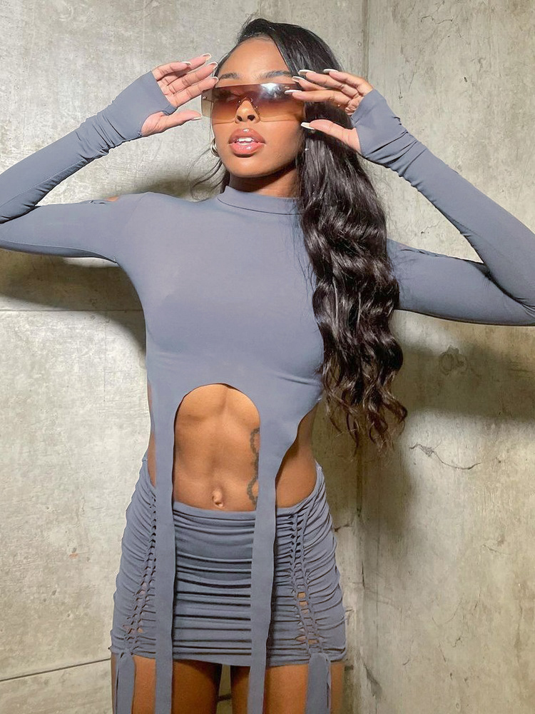 Two Piece Dress Women Skirts Sets Sexy Hollow Out Two Piece Sets Autumn Long Sleeve Crop Tops and Mini Skirts Suits Club Party Dresses Sets 230130