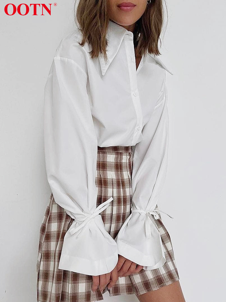 Women's Blouses Shirts OOTN Office Lady White Women Blouse Elegant Turn-Down Collar Long Sleeve Lace Up Shirt Female Loose Spring Casual Korean 2