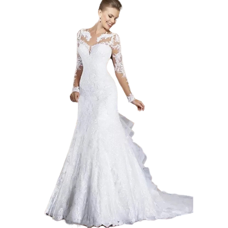 Vintage Long Sleeves Mermaid Wedding Dresses Appliqued Lace Button Tiered Ruffles Back Formal Bride Gowns Designer vestidos de novia robe mariage