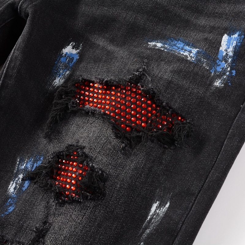 Men's Jeans Arrival Black Distressed Streetwear Damage Holes Skinny Stretch Destroyed Ribs Patches Painted Ripped 230131