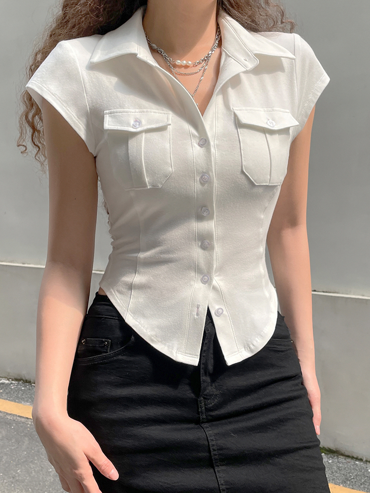 Women's TShirt Rapcopter Button Pockets Crop Top y2k Turn Down Collar Harajuku Tee Casual Basic Retro T Shirt Cardigan Korean 230130