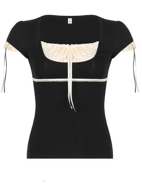 Women's TShirt Rapcopter y2k Lace Trim Crop Top Bow Cute Sweet Tee Short Sleeve Harajuku Casual T Shirt Women Prepply Retro Korean Summer 230130