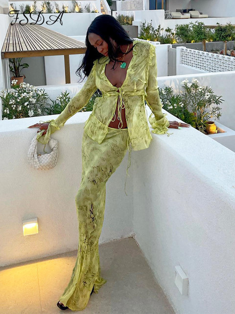 Two Piece Dress FSDA Print Y2K Mesh Long Sleeve Top Shirts Green And Maxi Skirt Bodycon Sexy Two Piece Sets Beach Outfits Women Club 230130