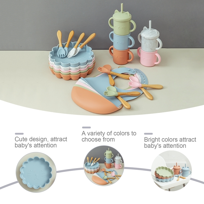 Cups Dishes Utensils Baby Silicone Feeding Tableware Sets Waterproof Baby Cartoon Lion Dinner Plate Food Grade Silicone Dishes for Baby Tableware 2301