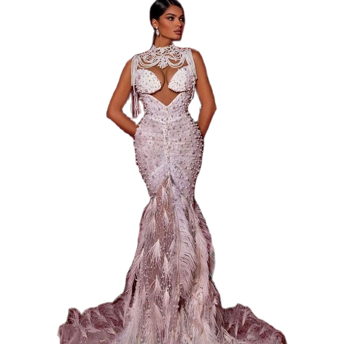 Sexy Feather Pearls Mermaid Wedding Dresses Vintage Sleeveless Bridal Gowns Custom Made Beading Dress Vestido De Novia