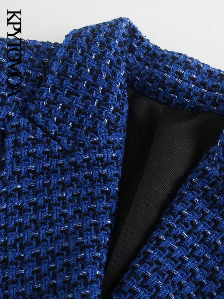 Women's Suits Blazers KPYTOMOA Women Fashion Tweed Double Breasted Blazer Coat Vintage Long Sleeve Flap Pockets Female Outerwear Chic Veste Femme