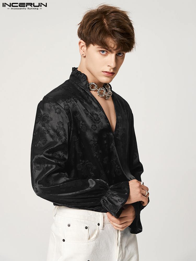 Men's Casual Shirts Fashion Men Shirt V Neck Long Sleeve Jacquard Ruffle Loose Camisa Masculina Streetwear Elegant S5XL INCERUN 230130