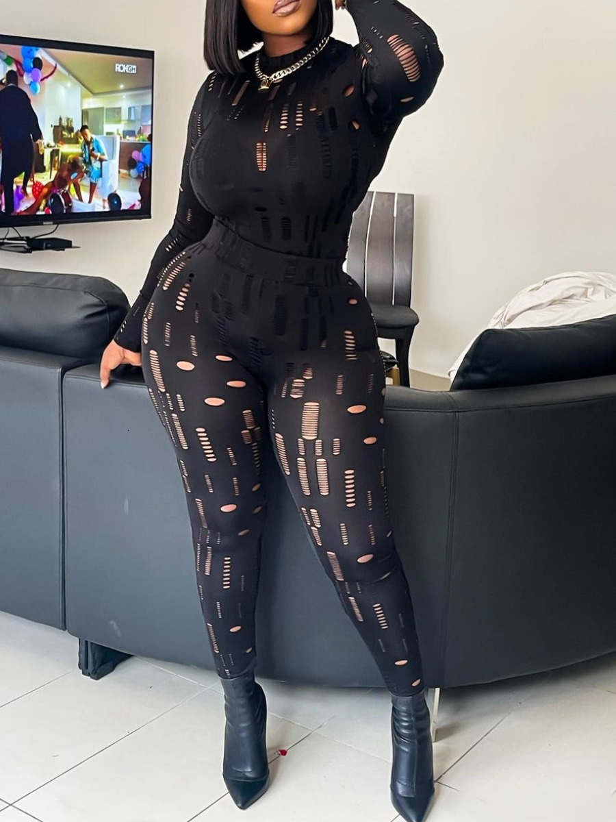 Women's Plus Size Tracksuits LW Seethrough Skinny Stretchy Pants Set Female Gauze Sexy Long Sleeve Turtleneck TopSolid Sheath Matching Outfits 23