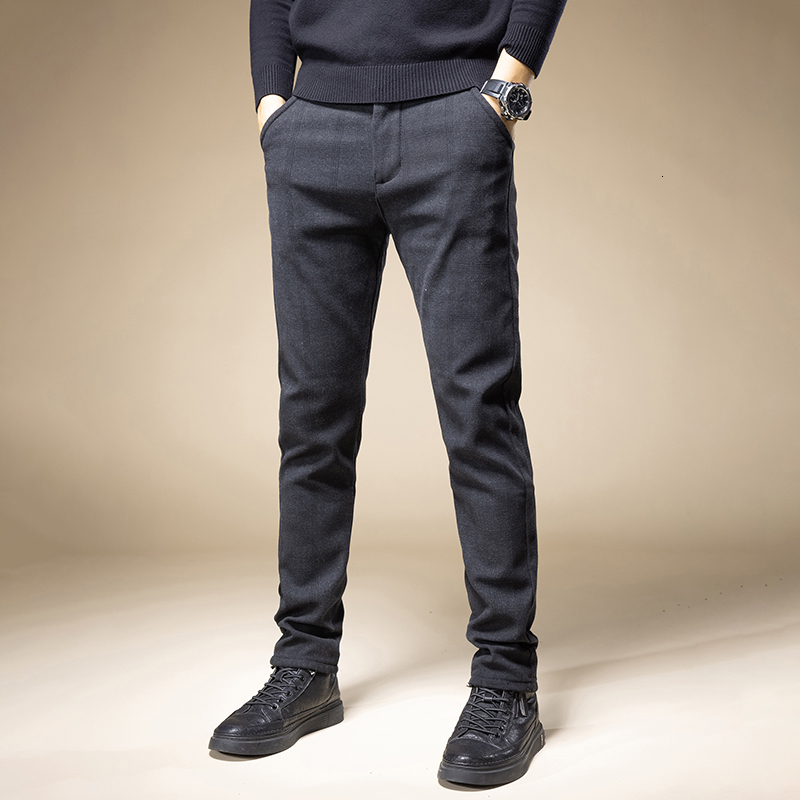 Men's Pants in Autumn Winter Classic Plaid Work Stretch Pants Men Business Straight Fit Grey Black Blue Korea Thick Casual Trousers Male 230131