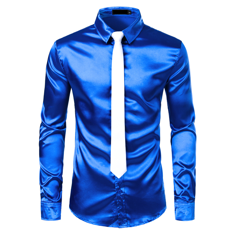 Men's Casual Shirts 2pcs Silver Silk ShirtTie Mens Satin Smooth Tuxedo Button Down Men Dress Wedding Party Prom Chemise Homme 230130