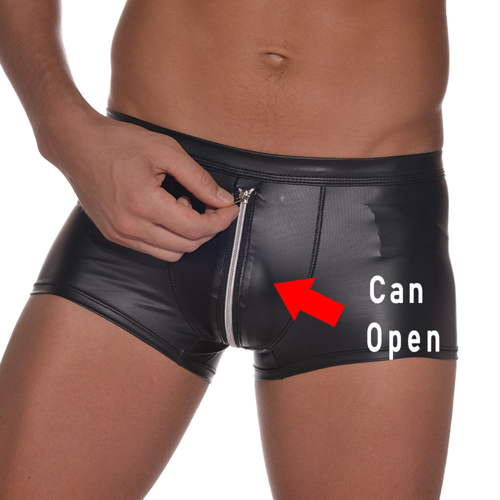 Underpants Mens Soft Underwear Faux Leather Zipper Boxers Male Comfortable High Quality Thin Fashion Briefs 230131