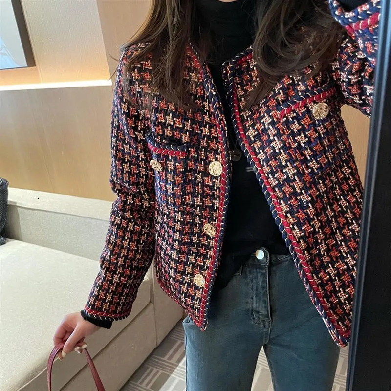 Women's Suits Blazers Elegant Weave Plaid Women Blazer Pocket Plus Velvet Winter Causal Tweed Coat Office Ladies Suit Jacket 230130