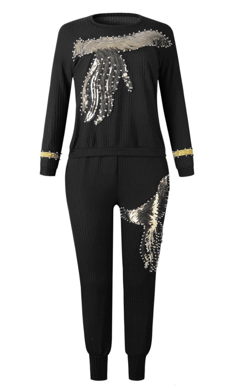Women's Two Piece Pants 2 Women Set Winter Spring Arrival Casual Black Sequined ONeck Beading Long Sleeve Top And Sets 230131