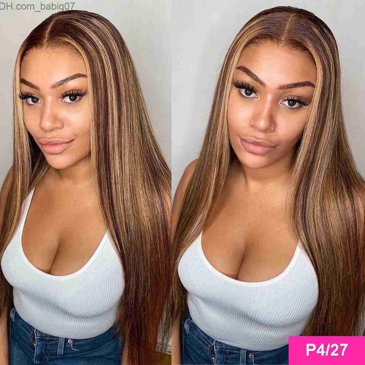 Synthetic Wigs Cynosure Highlight Wig Brown Colored Human Hair Wigs Ombre Straight Lace Front Wig Remy Highlight Lace Frontal Wigs Z230801