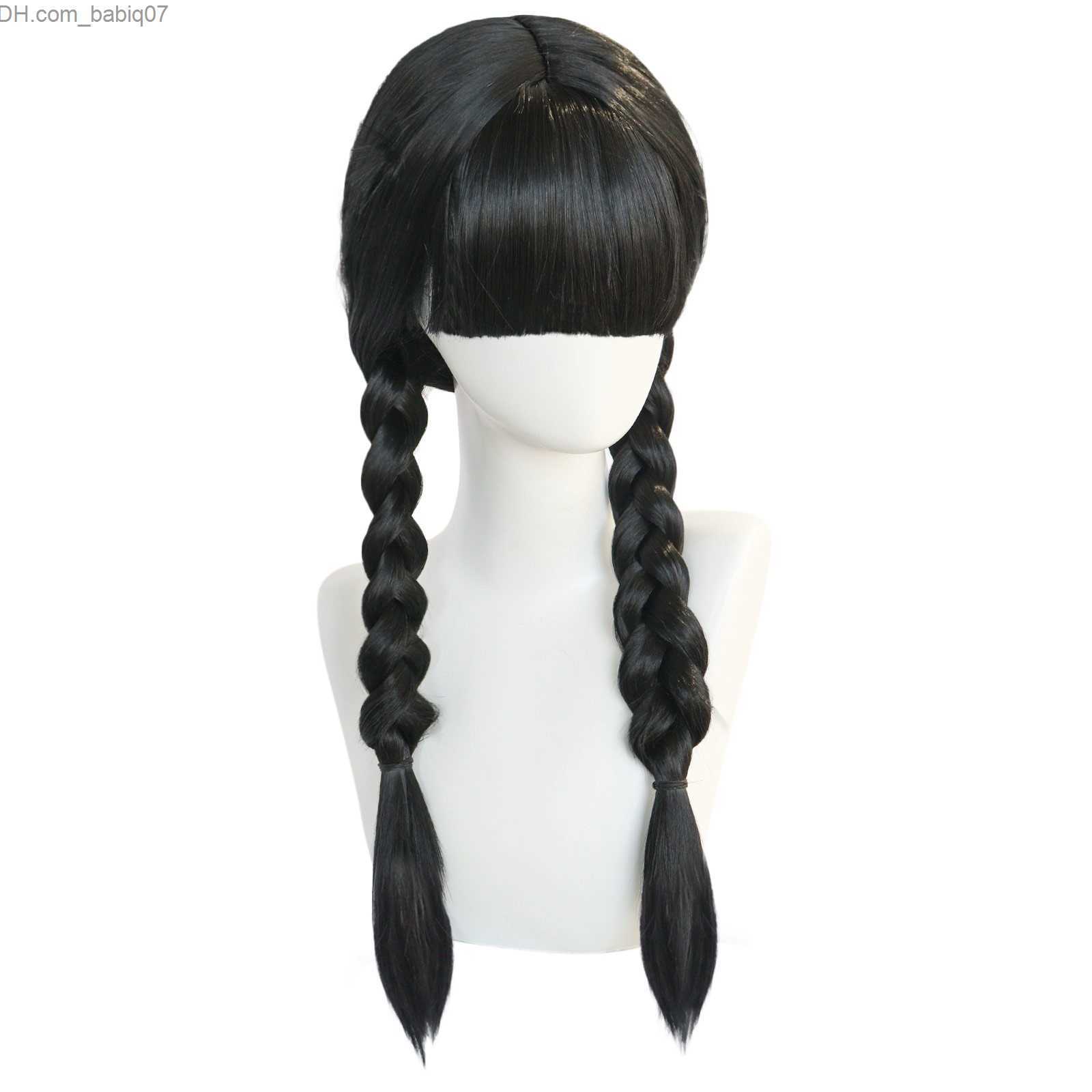 Synthetic Wigs Synthetic Wigs Anogol Wednesday Addams Cosplay Wig Movie The Family Long Black Braids Hair with Bangs for Halloween Party 230214 Z23080