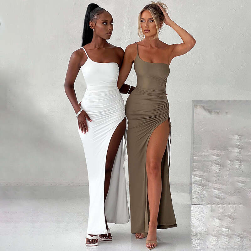 Spring One Shoulder Strap Dress Sexy Tight Fitting Wrinkling High Split Long For Women