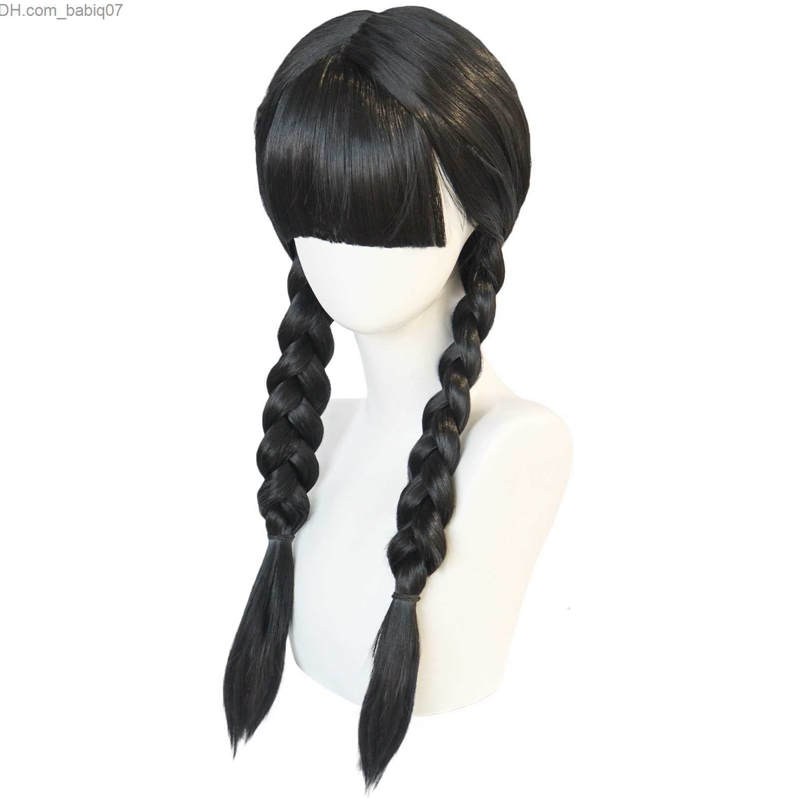 Synthetic Wigs Synthetic Wigs Anogol Wednesday Addams Cosplay Wig Movie The Family Long Black Braids Hair with Bangs for Halloween Party 230214 Z23080