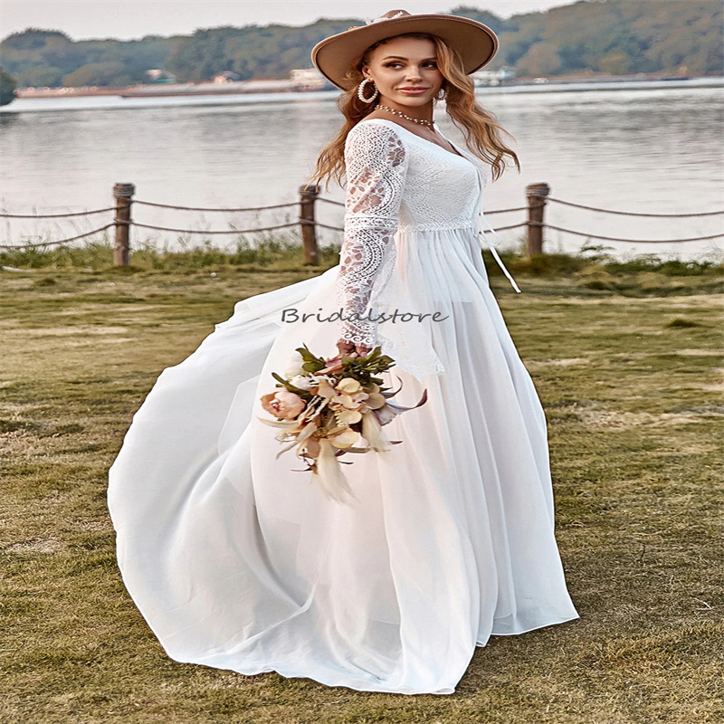 Sexy Beach Bohemian Wedding Dress 2023 V Neck Flare Lace Long Sleeve Bride Dresses Sexy Backless Civil Civil Boho Bridal Dress Vestidos De Novia hippi