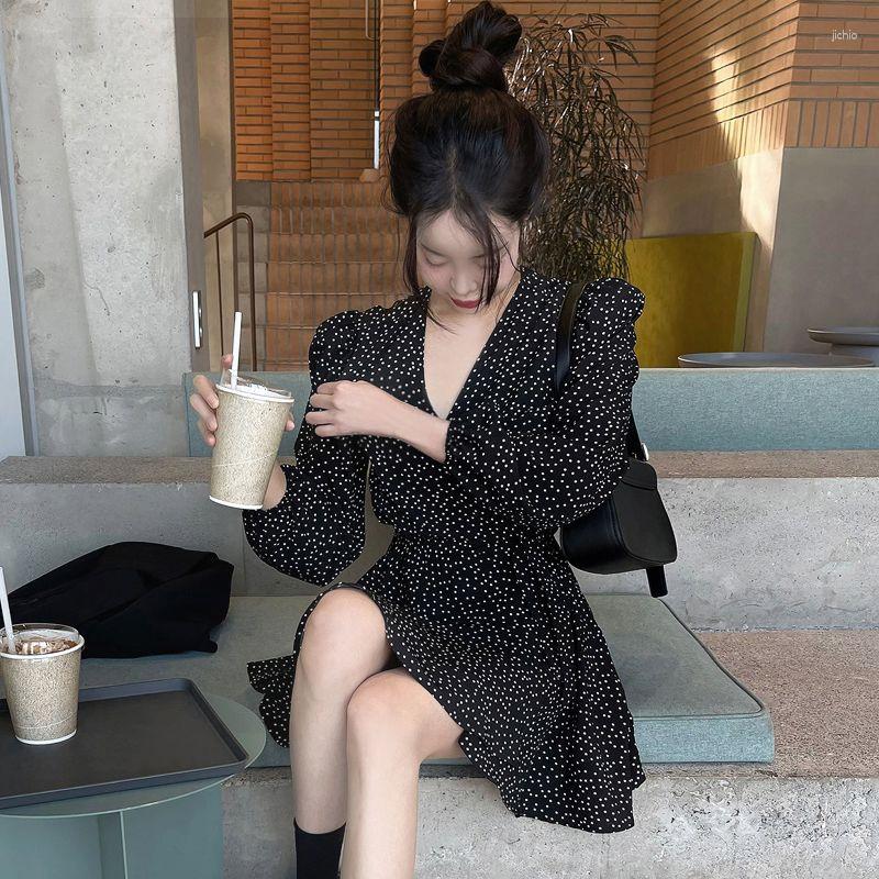 Casual Dresses 2024 Vestidos De Mujer Dress For Women V-neck Long Sleeve Polka Dot Slim Waist A-line Robe Femme Vintage Korean Mini